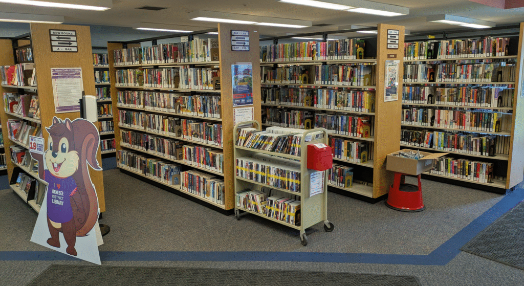 The inside of the Flint Township McCarty Library, with shelves of books and a cart of DVDs for sale