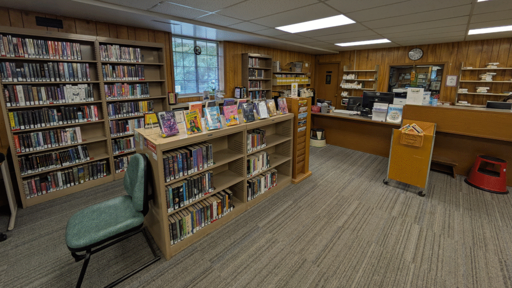 The circulation desk, with shelves of books and books on display.