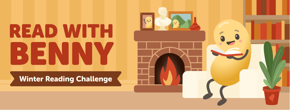 Banner with text: Read with Benny Winter Reading Challenge