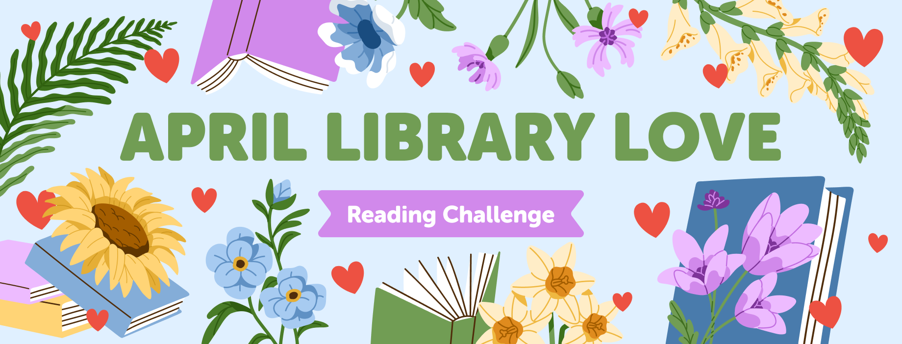 Banner with text: April Library Love Reading Challenge