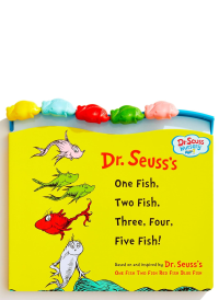 One Fish, Two Fish, Three, Four, Five Fish by Dr. Sess. Plastic Fish attached to top of book. 